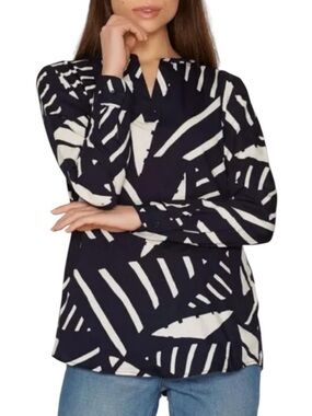 NWT Lauren Ralph Lauren Navy & White Abstract Print Long-Sleeve Blouse Size L